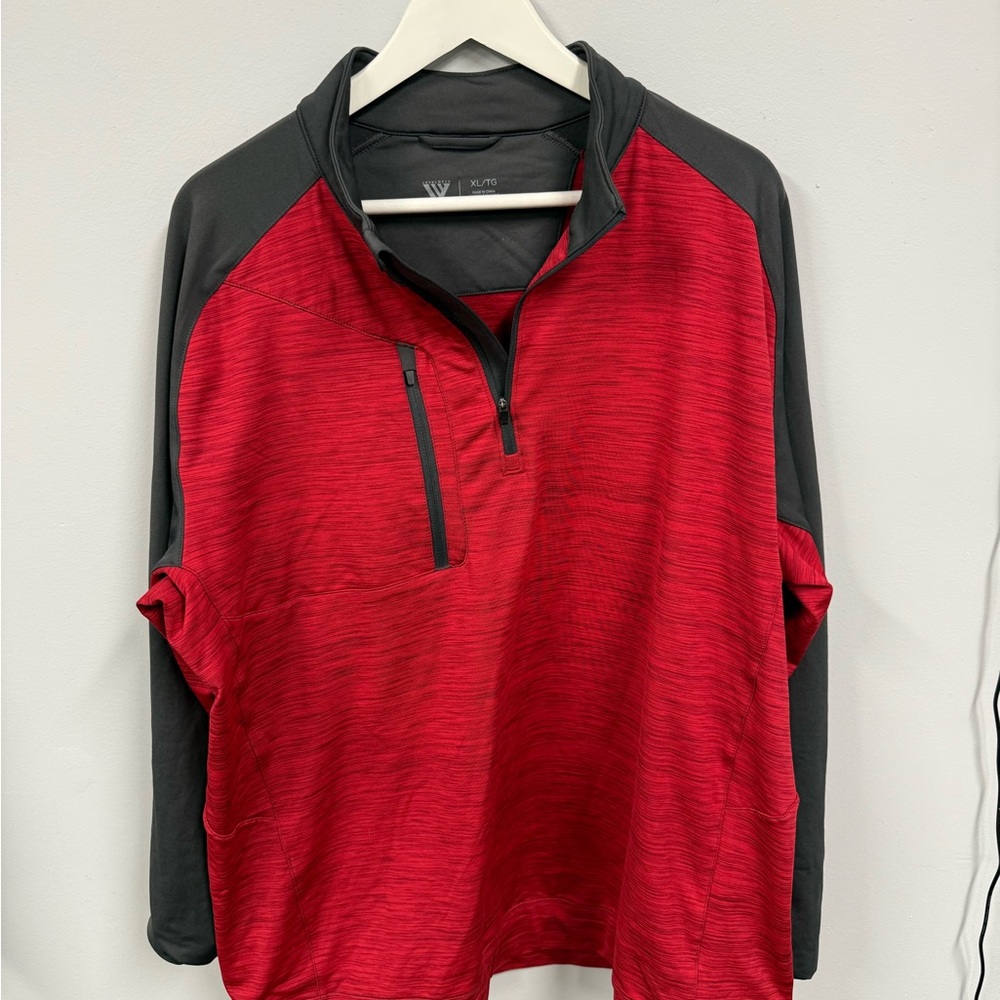 Men's Red and Gray Zip-Up Sweater